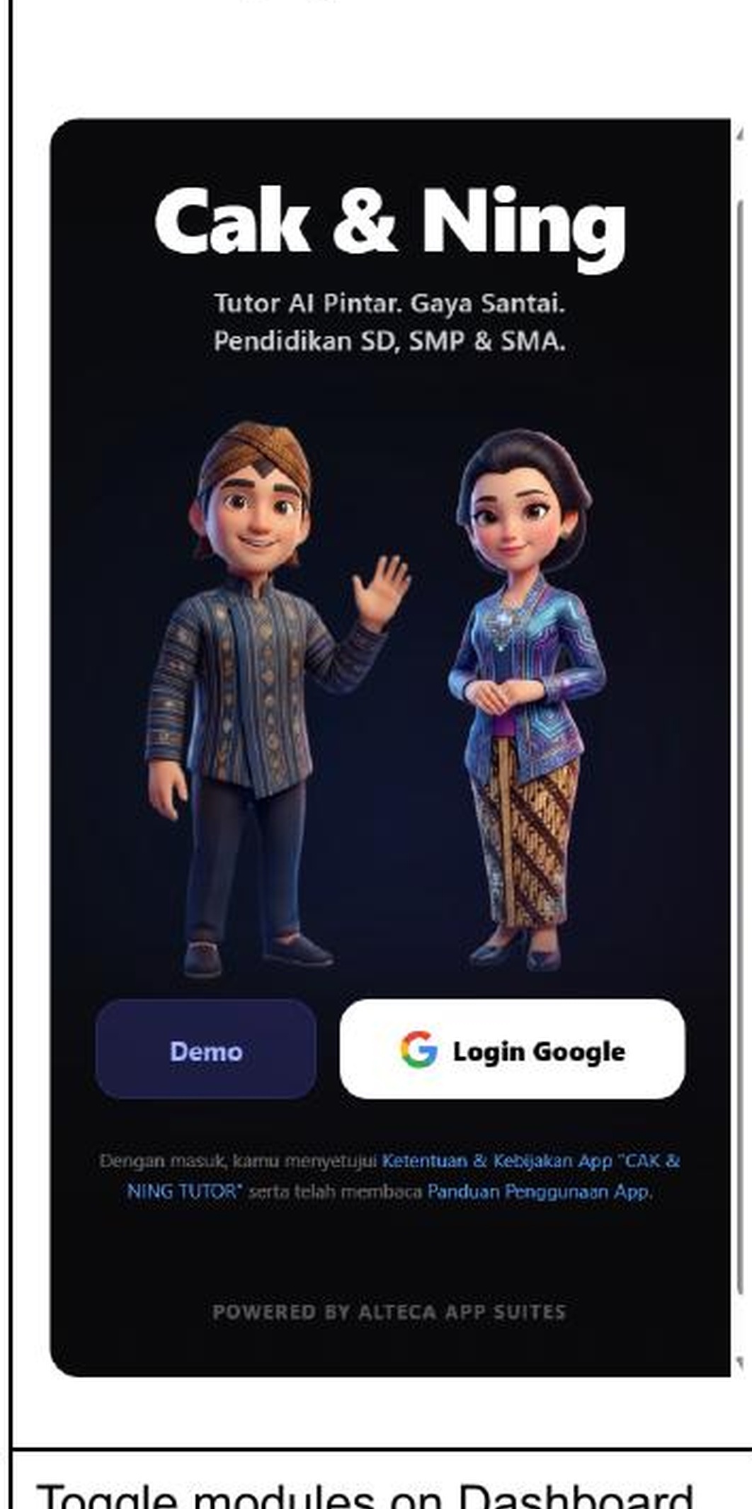 Tampilan aplikasi Cak & Ning menampilkan avatar Cak AI dan Ning AI